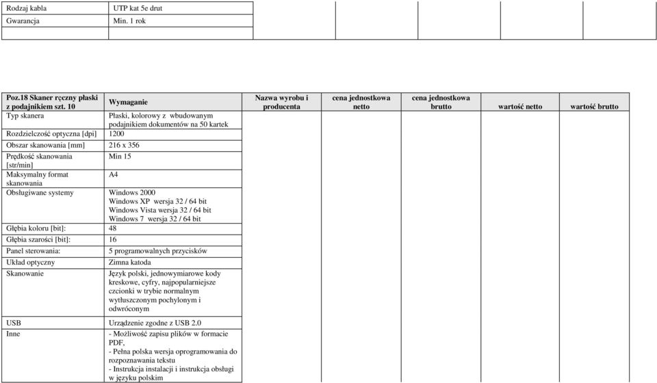 format A4 skanowania Obsługiwane systemy Windows 2000 Windows XP wersja 32 / 64 bit Windows Vista wersja 32 / 64 bit Windows 7 wersja 32 / 64 bit Głębia koloru [bit]: 48 Głębia szarości [bit]: 16