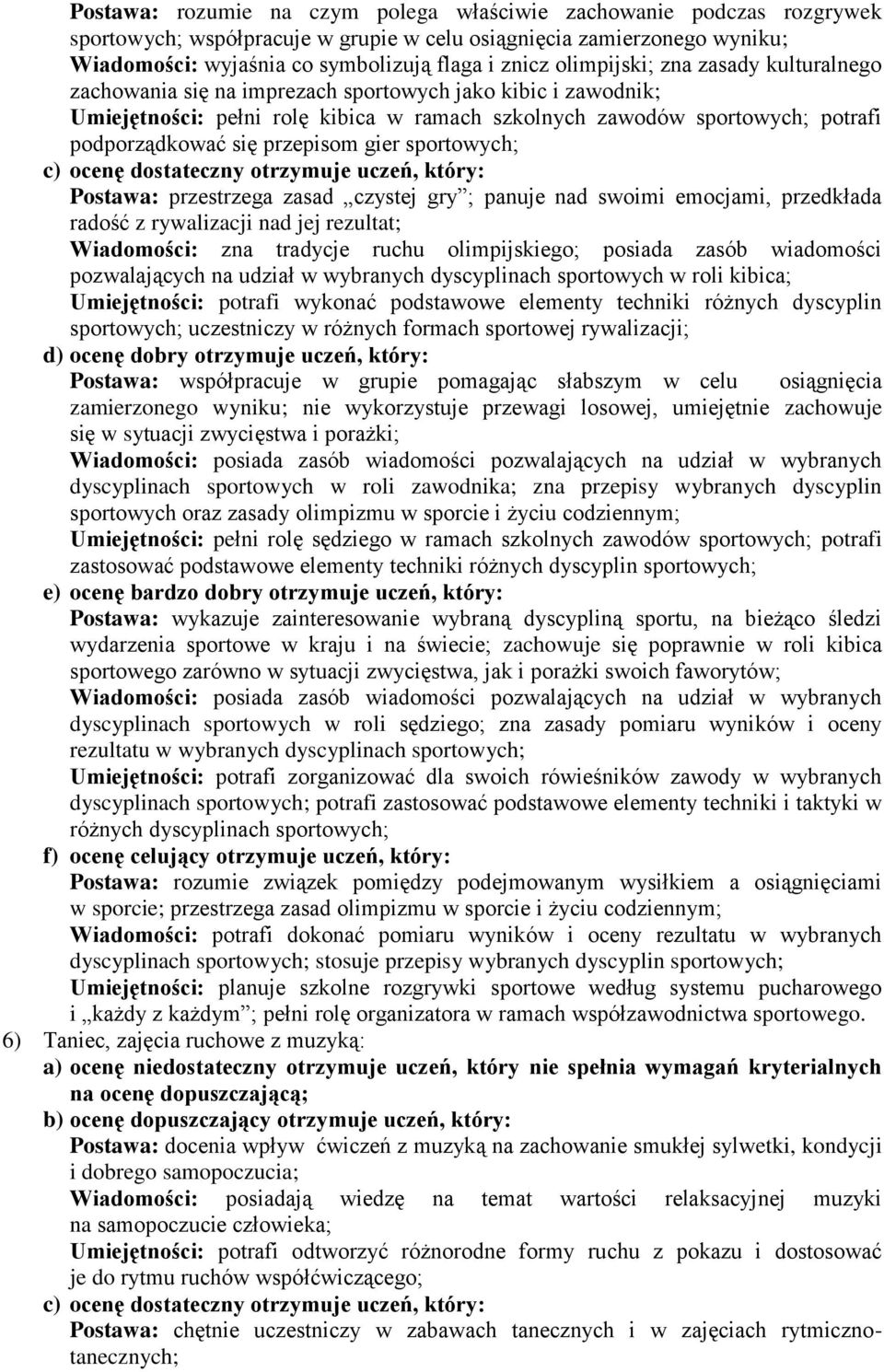 przepisom gier sportowych; Postawa: przestrzega zasad czystej gry ; panuje nad swoimi emocjami, przedkłada radość z rywalizacji nad jej rezultat; Wiadomości: zna tradycje ruchu olimpijskiego; posiada