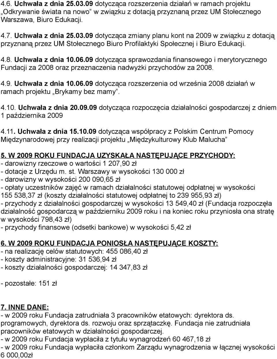 09 dotycząca sprawozdania finansowego i merytorycznego Fundacji za 2008 oraz przeznaczenia nadwyżki przychodów za 2008. 4.9. Uchwała z dnia 10.06.