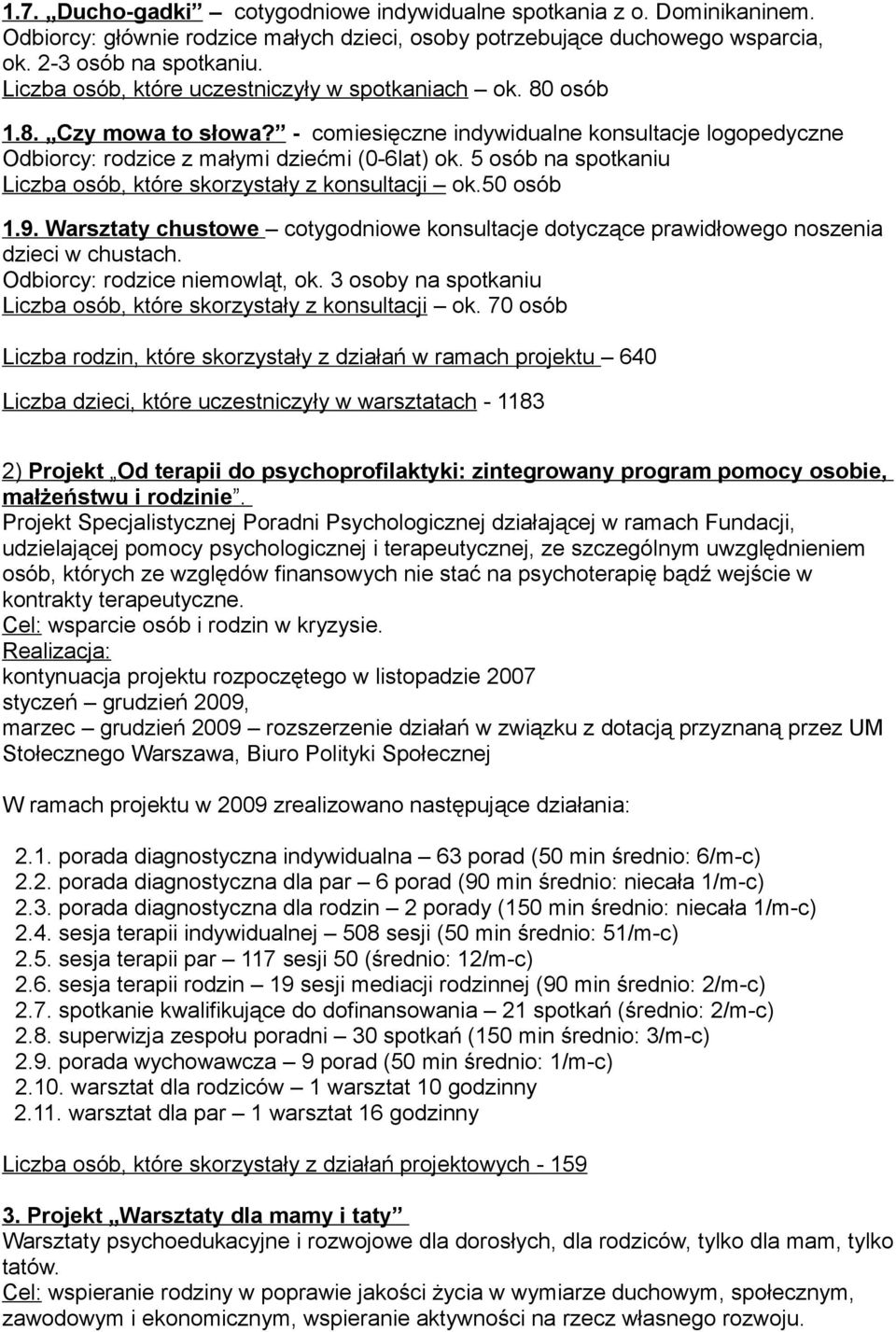 5 osób na spotkaniu Liczba osób, które skorzystały z konsultacji ok.50 osób 1.9. Warsztaty chustowe cotygodniowe konsultacje dotyczące prawidłowego noszenia dzieci w chustach.