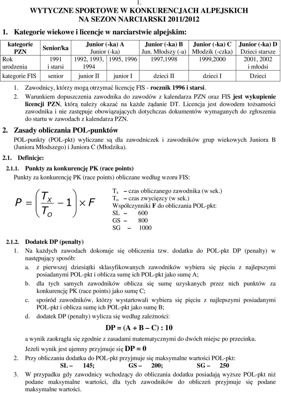 Młodszy (-a) Młodzik (-czka) Dzieci starsze Rok urodzenia 1991 i starsi 1992, 1993, 1994 1995, 1996 1997,1998 1999,2000 2001, 2002 i młodsi kategorie FIS senior junior II junior I dzieci II dzieci I