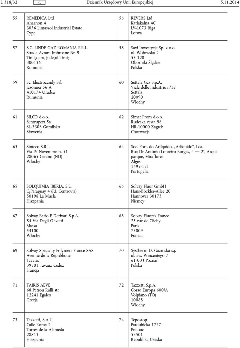 410174 Oradea Rumunia 60 Settala Gas S.p.A. Viale delle Industrie n 18 Settala 20090 61 SILCO d.o.o. Šentrupert 5a SL-3303 Gomilsko Słowenia 62 Simat Prom d.o.o. Rudeska cesta 96 HR-10000 Zagreb 63 Sinteco S.