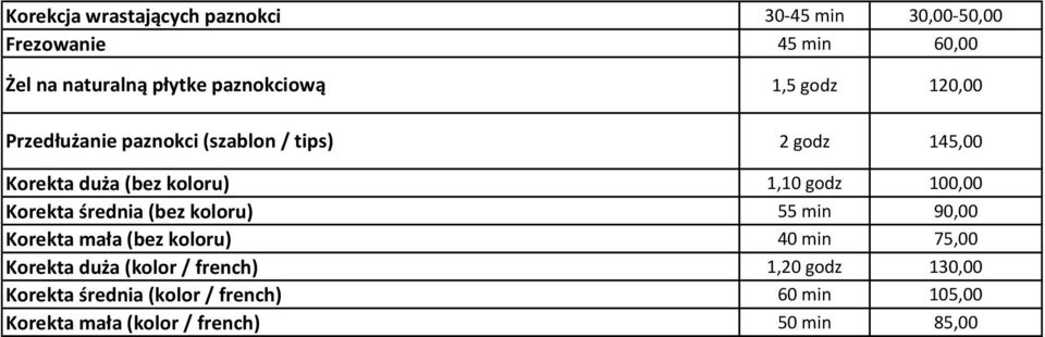 french) Korekta średnia (kolor / french) Korekta mała (kolor / french) 30-45 min 30,00-50,00 45 min 60,00 1,5