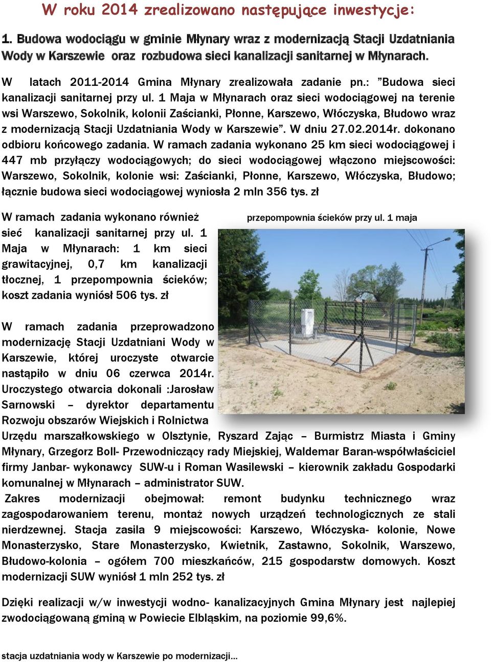1 Maja w Młynarach oraz sieci wodociągowej na terenie wsi Warszewo, Sokolnik, kolonii Zaścianki, Płonne, Karszewo, Włóczyska, Błudowo wraz z modernizacją Stacji Uzdatniania Wody w Karszewie.