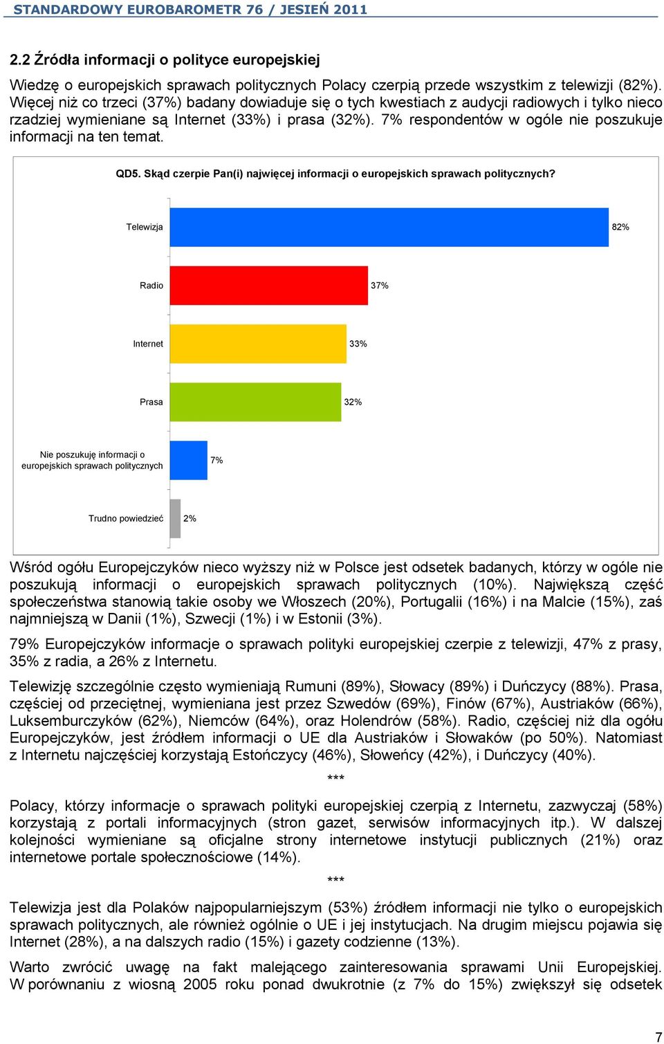 7% respondentów w ogóle nie poszukuje informacji na ten temat. QD5. Skąd czerpie Pan(i) najwięcej informacji o europejskich sprawach politycznych?