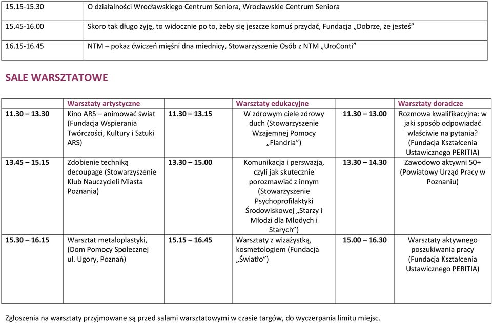 45 NTM pokaz ćwiczeń mięśni dna miednicy, Stowarzyszenie Osób z NTM UroConti SALE WARSZTATOWE Warsztaty artystyczne Warsztaty edukacyjne Warsztaty doradcze 11.30 13.