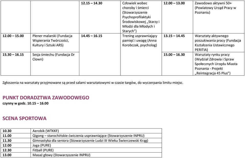 15 Trening usprawniający pamięć i uwagę (Anna Korobczak, psycholog) 12.00 13.00 Zawodowo aktywni 50+ (Powiatowy Urząd Pracy w Poznaniu) 13.15 14.