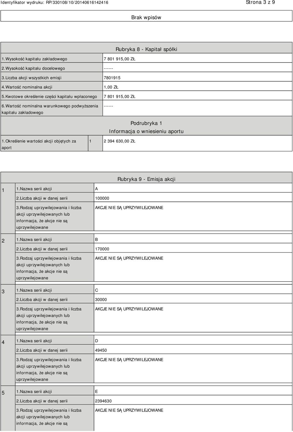 Wartość nominalna warunkowego podwyższenia kapitału zakładowego 1,00 ZŁ 7 801 915,00 ZŁ ------ Podrubryka 1 Informacja o wniesieniu aportu 1.