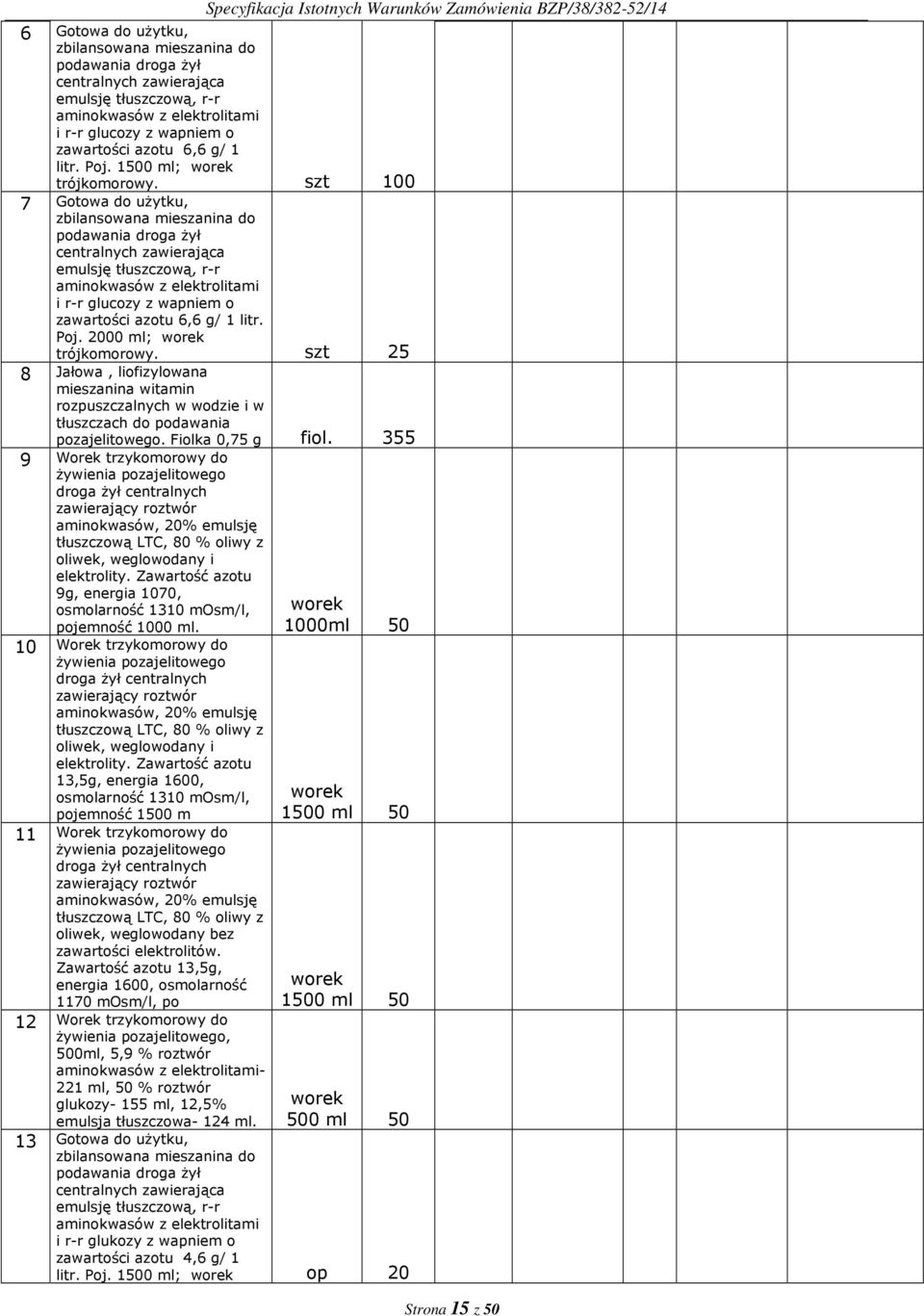 szt 100 7 Gotowa do użytku, zbilansowana mieszanina do podawania droga żył centralnych zawierająca emulsję tłuszczową, r-r aminokwasów z elektrolitami i r-r glucozy z wapniem o zawartości azotu 6,6