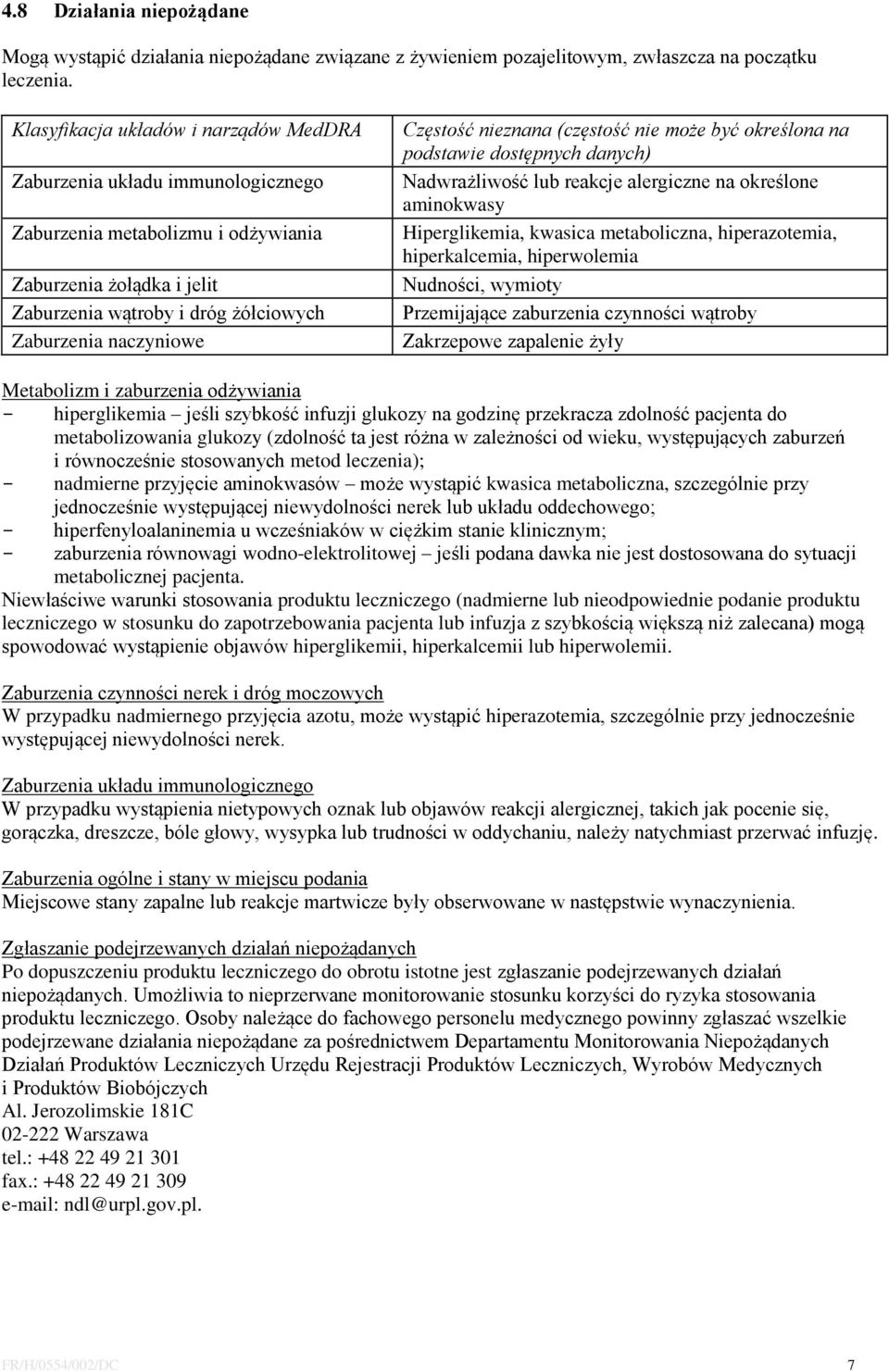 Częstość nieznana (częstość nie może być określona na podstawie dostępnych danych) Nadwrażliwość lub reakcje alergiczne na określone aminokwasy Hiperglikemia, kwasica metaboliczna, hiperazotemia,