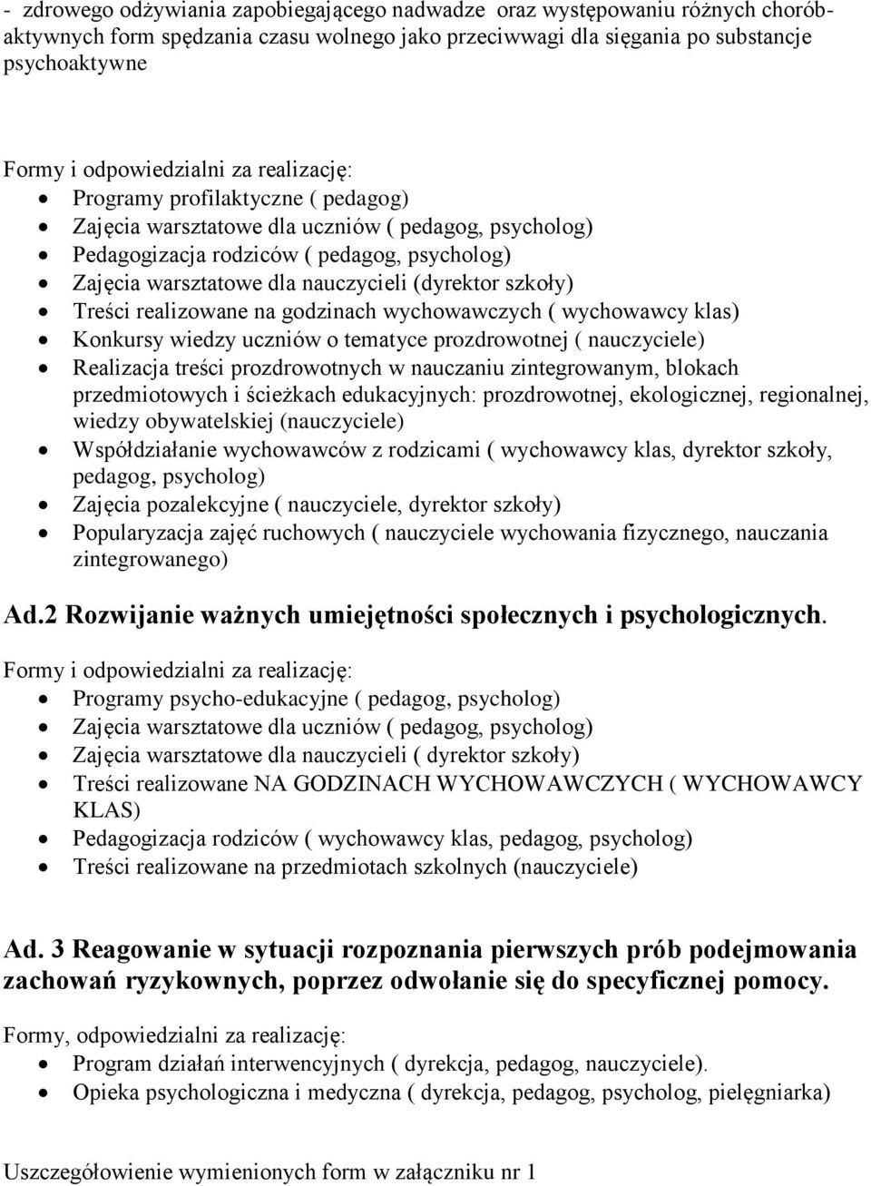 szkoły) Treści realizowane na godzinach wychowawczych ( wychowawcy klas) Konkursy wiedzy uczniów o tematyce prozdrowotnej ( nauczyciele) Realizacja treści prozdrowotnych w nauczaniu zintegrowanym,