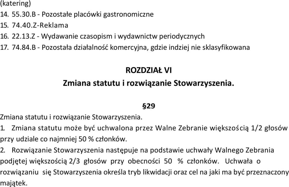 1. Zmiana statutu może być uchwalona przez Walne Zebranie większością 1/2 głosów przy udziale co najmniej 50 % członków. 2.