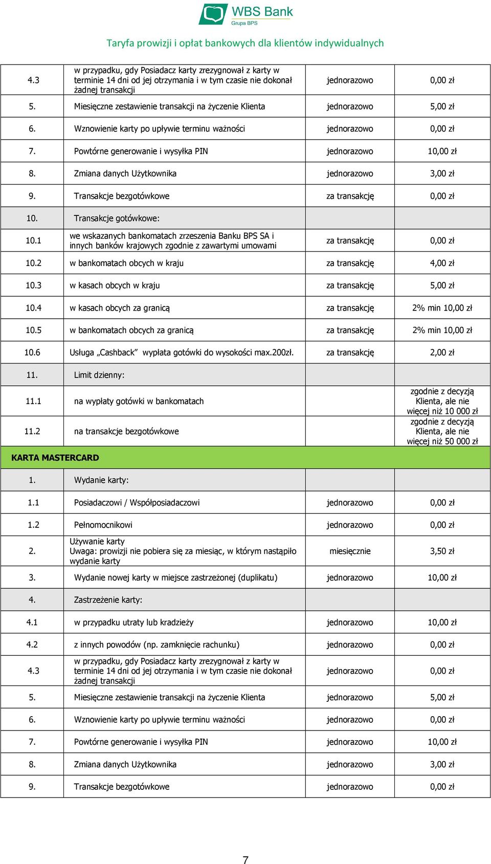 Transakcje bezgotówkowe za transakcję 10. Transakcje gotówkowe: 10.1 we wskazanych bankomatach zrzeszenia Banku BPS SA i innych banków krajowych zgodnie z zawartymi umowami za transakcję 10.