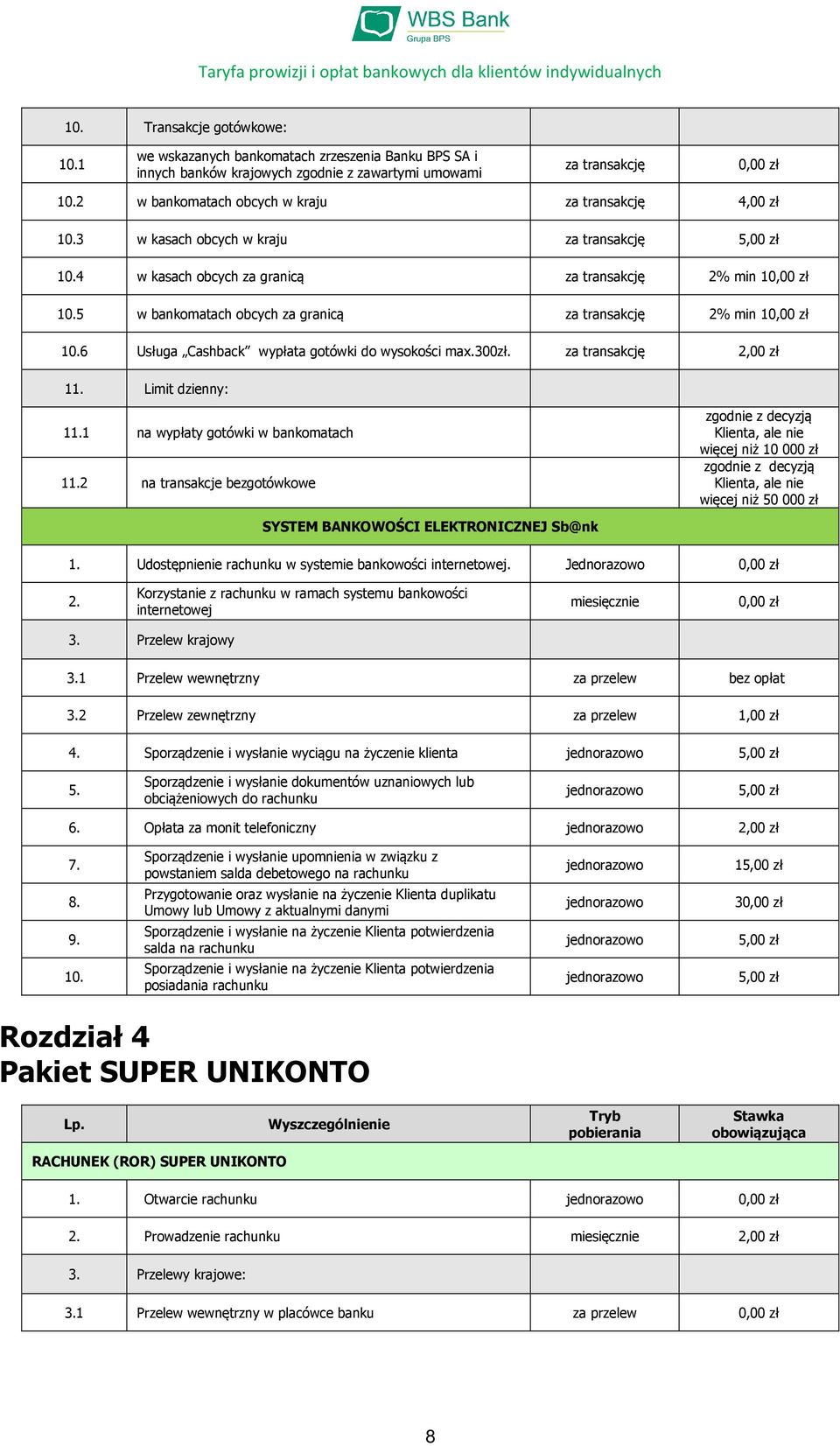 5 w bankomatach obcych za granicą za transakcję 2% min 1 10.6 Usługa Cashback wypłata gotówki do wysokości max.300zł. za transakcję 2,00 zł 11. Limit dzienny: 11.1 na wypłaty gotówki w bankomatach 11.