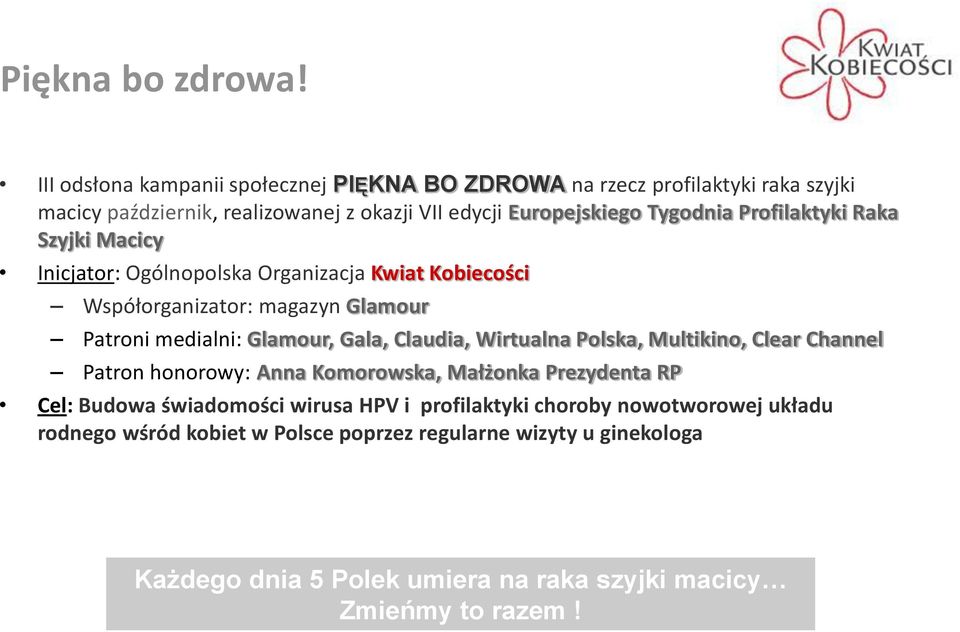 Profilaktyki Raka Szyjki Macicy Inicjator: Ogólnopolska Organizacja Kwiat Kobiecości Współorganizator: magazyn Glamour Patroni medialni: Glamour, Gala, Claudia,