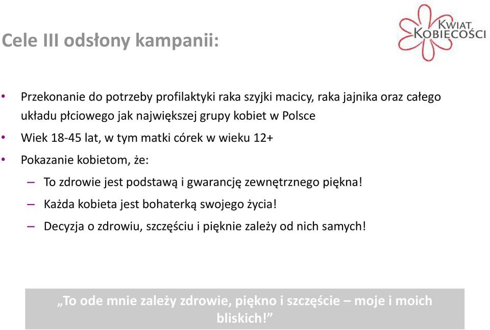 że: To zdrowie jest podstawą i gwarancję zewnętrznego piękna! Każda kobieta jest bohaterką swojego życia!