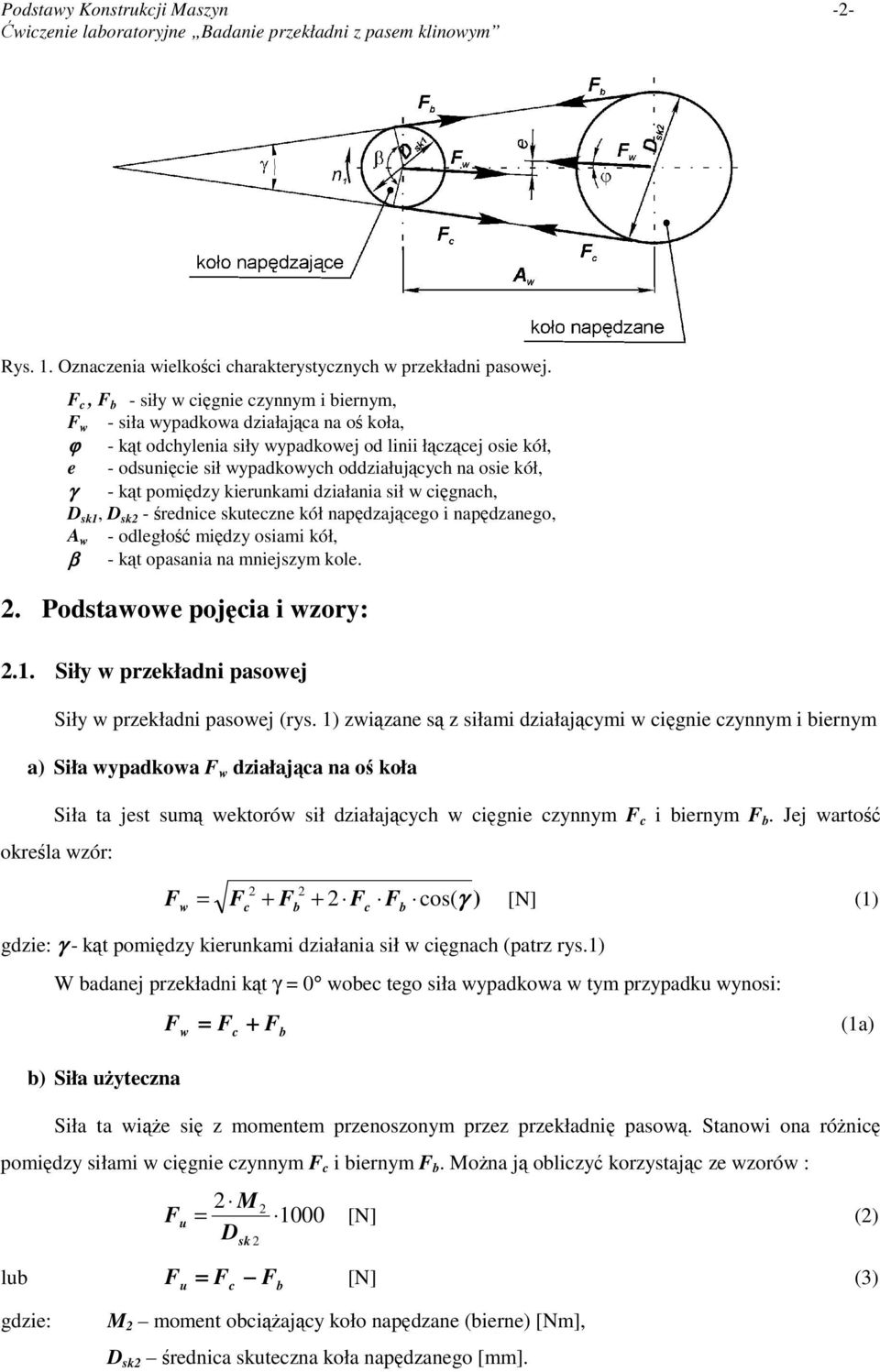 kół, γ - kt pomidzy kierunkami działania sił w cignach, D sk1, D sk - rednice skuteczne kół napdzajcego i napdzanego, A w - odległo midzy osiami kół, β - kt opasania na mniejszym kole.