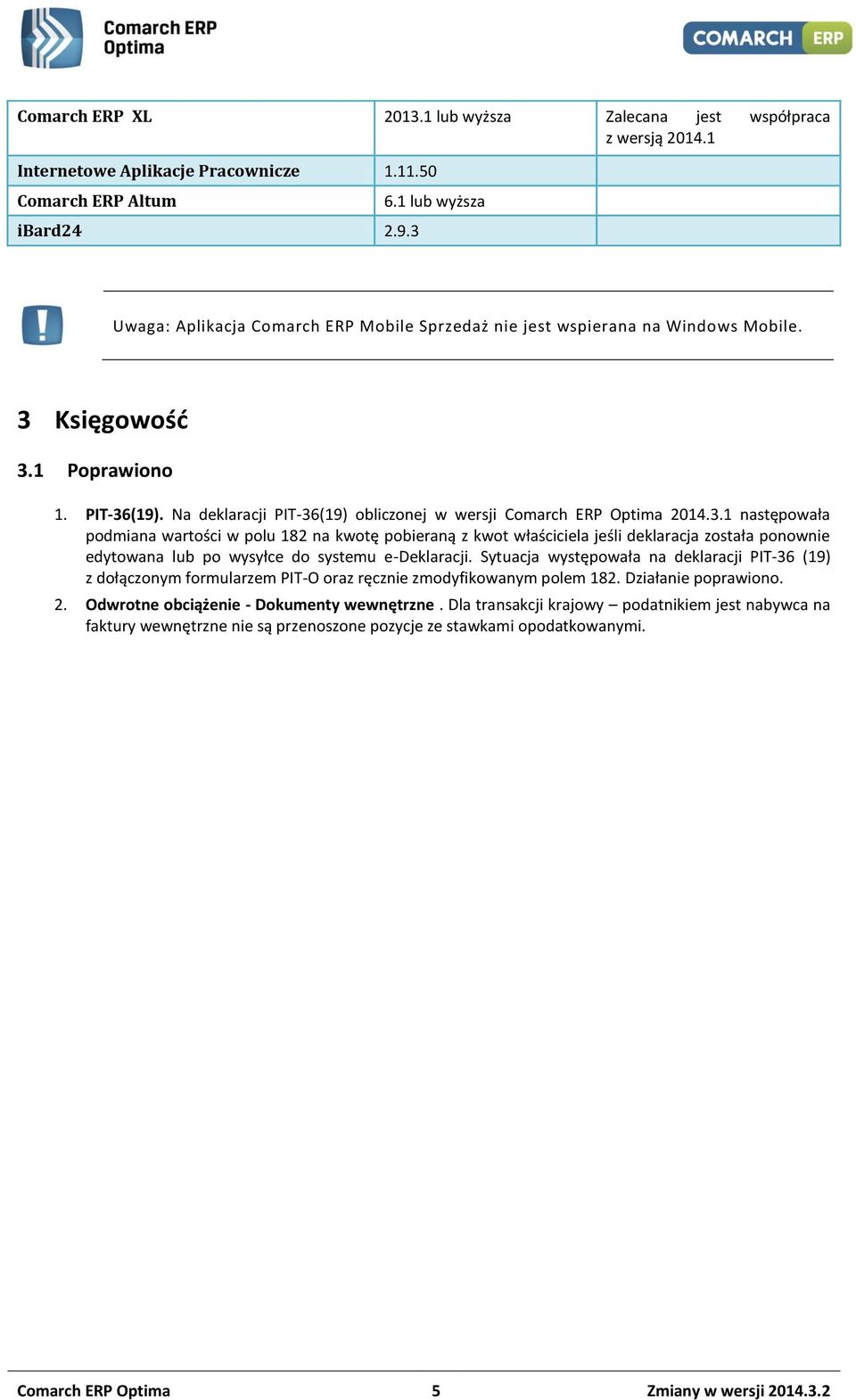 Na deklaracji PIT-36(19) obliczonej w wersji Comarch ERP Optima 2014.3.1 następowała podmiana wartości w polu 182 na kwotę pobieraną z kwot właściciela jeśli deklaracja została ponownie edytowana lub po wysyłce do systemu e-deklaracji.