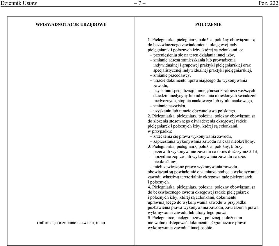 zamieszkania lub prowadzenia indywidualnej i grupowej praktyki pielęgniarskiej oraz specjalistycznej indywidualnej praktyki pielęgniarskiej, zmianie pracodawcy, utracie dokumentu uprawniającego do