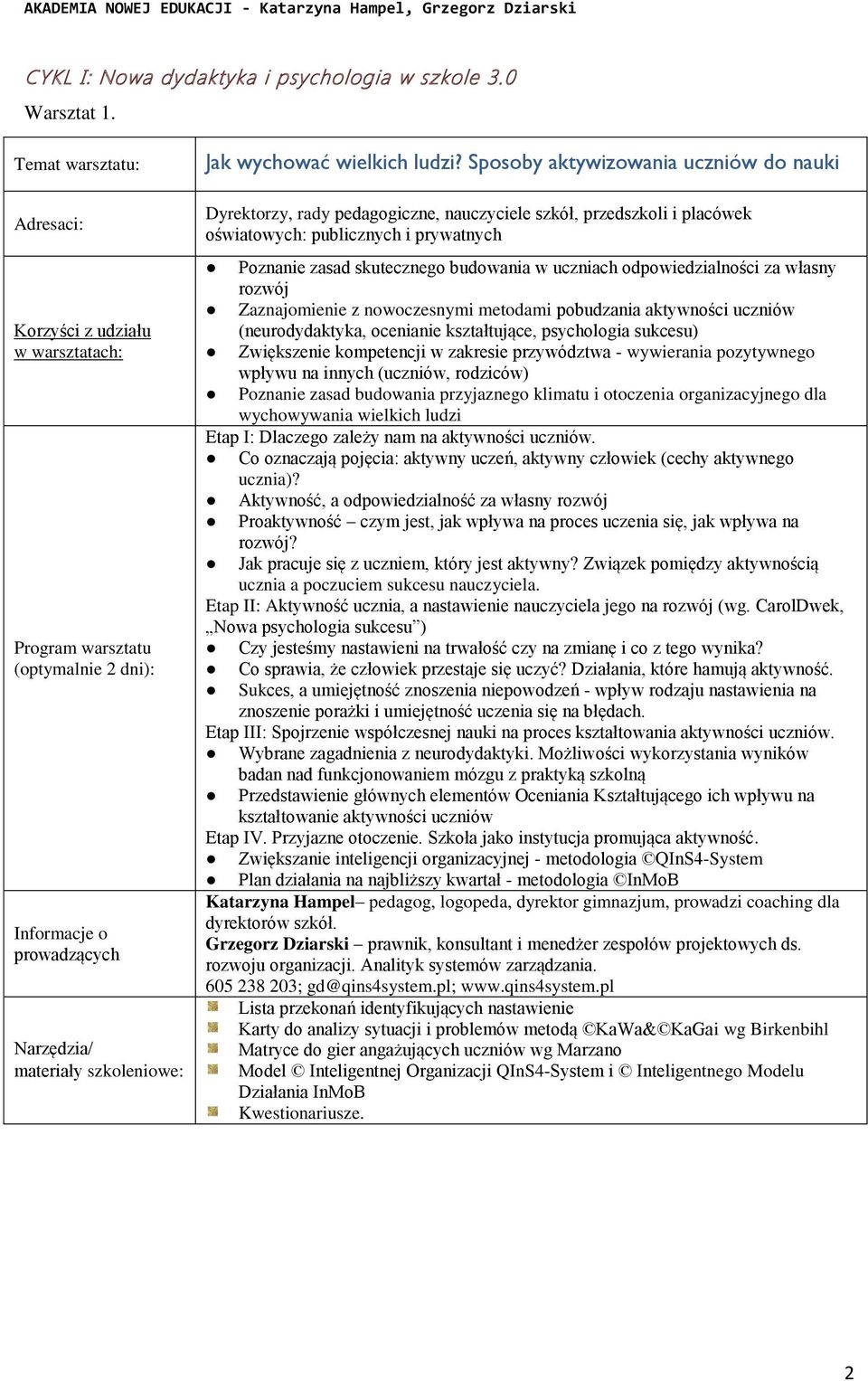 (neurodydaktyka, ocenianie kształtujące, psychologia sukcesu) Zwiększenie kompetencji w zakresie przywództwa - wywierania pozytywnego wpływu na innych (uczniów, rodziców) Poznanie zasad budowania