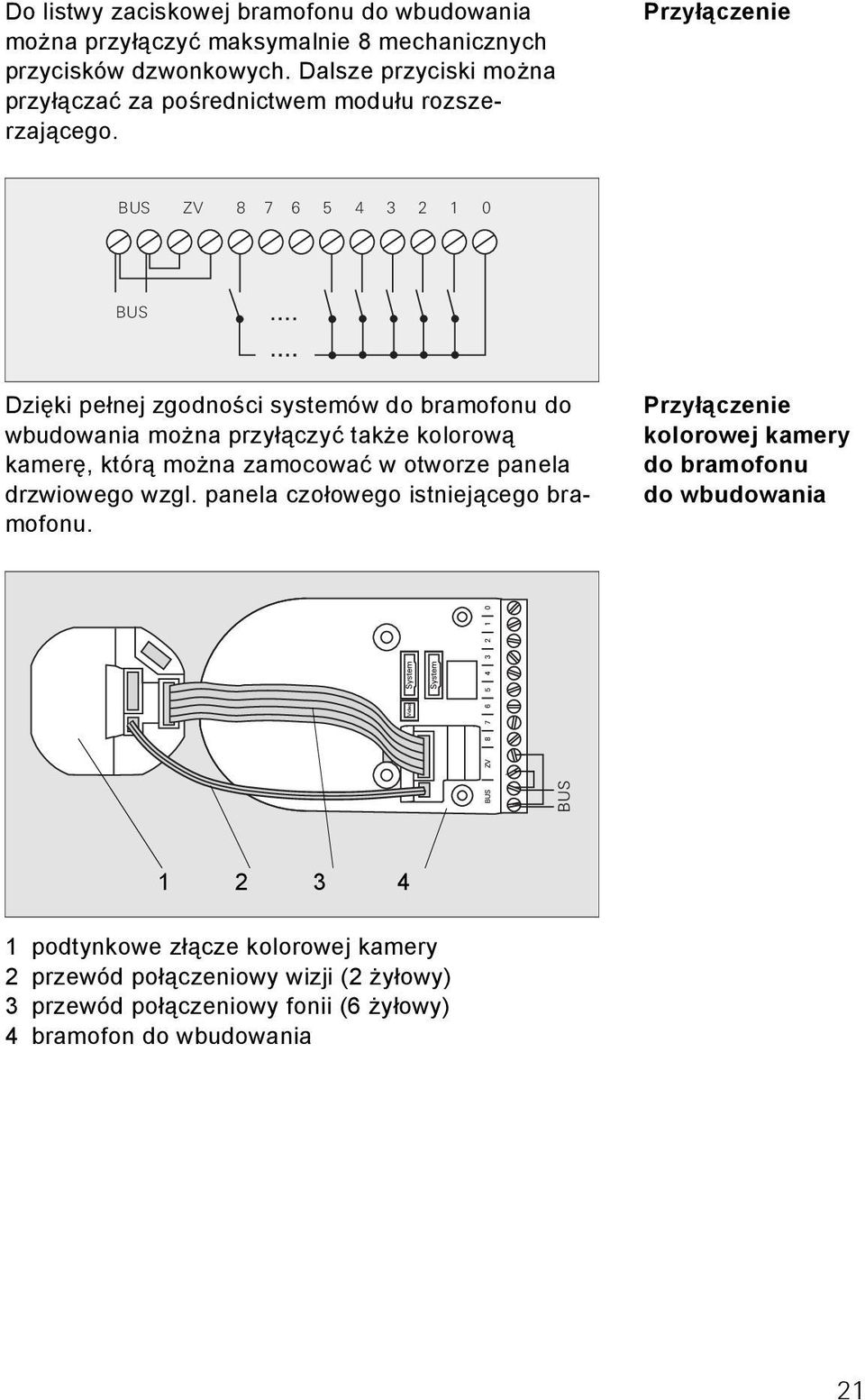 Przyłączenie BUS ZV 8 7 6 5 4 3 1 0 BUS Dzięki pełnej zgodności systemów do bramofonu do wbudowania można przyłączyć także kolorową kamerę, którą można