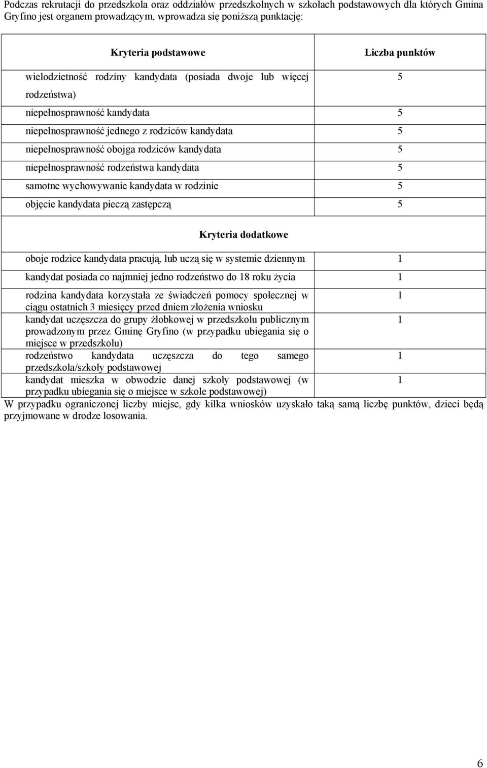 rodziców kandydata 5 niepełnosprawność rodzeństwa kandydata 5 samotne wychowywanie kandydata w rodzinie 5 objęcie kandydata pieczą zastępczą 5 Kryteria dodatkowe oboje rodzice kandydata pracują, lub