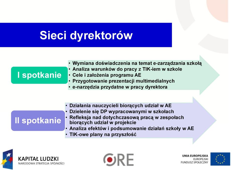 spotkanie Działania nauczycieli biorących udział w AE Dzielenie się DP wypracowanymi w szkołach Refleksja nad