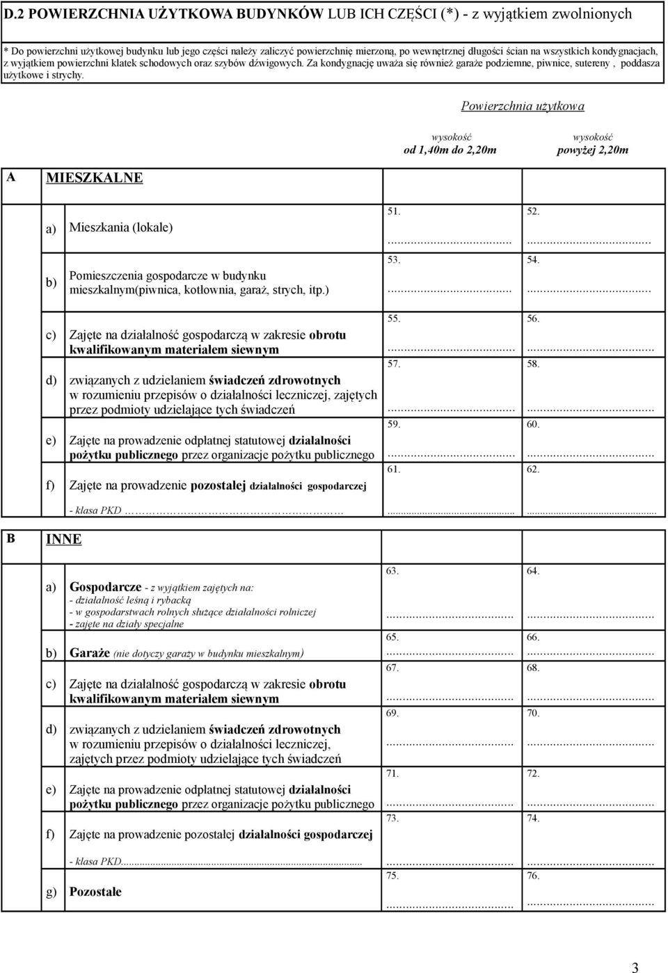 Powierzchnia użytkowa wysokość wysokość od 1,40m do 2,20m powyżej 2,20m A MIESZKALNE a) Mieszkania (lokale) b) Pomieszczenia gospodarcze w budynku mieszkalnym(piwnica, kotłownia, garaż, strych, itp.