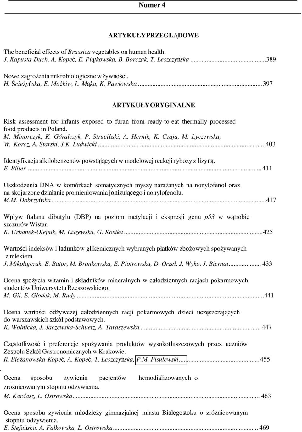 Struciński, A. Hernik, K. Czaja, M. Łyczewska, W. Korcz, A. Starski, J.K. Ludwicki...403 Identyfikacja alkilobenzenów powstających w modelowej reakcji rybozy z lizyną. E. Biller.