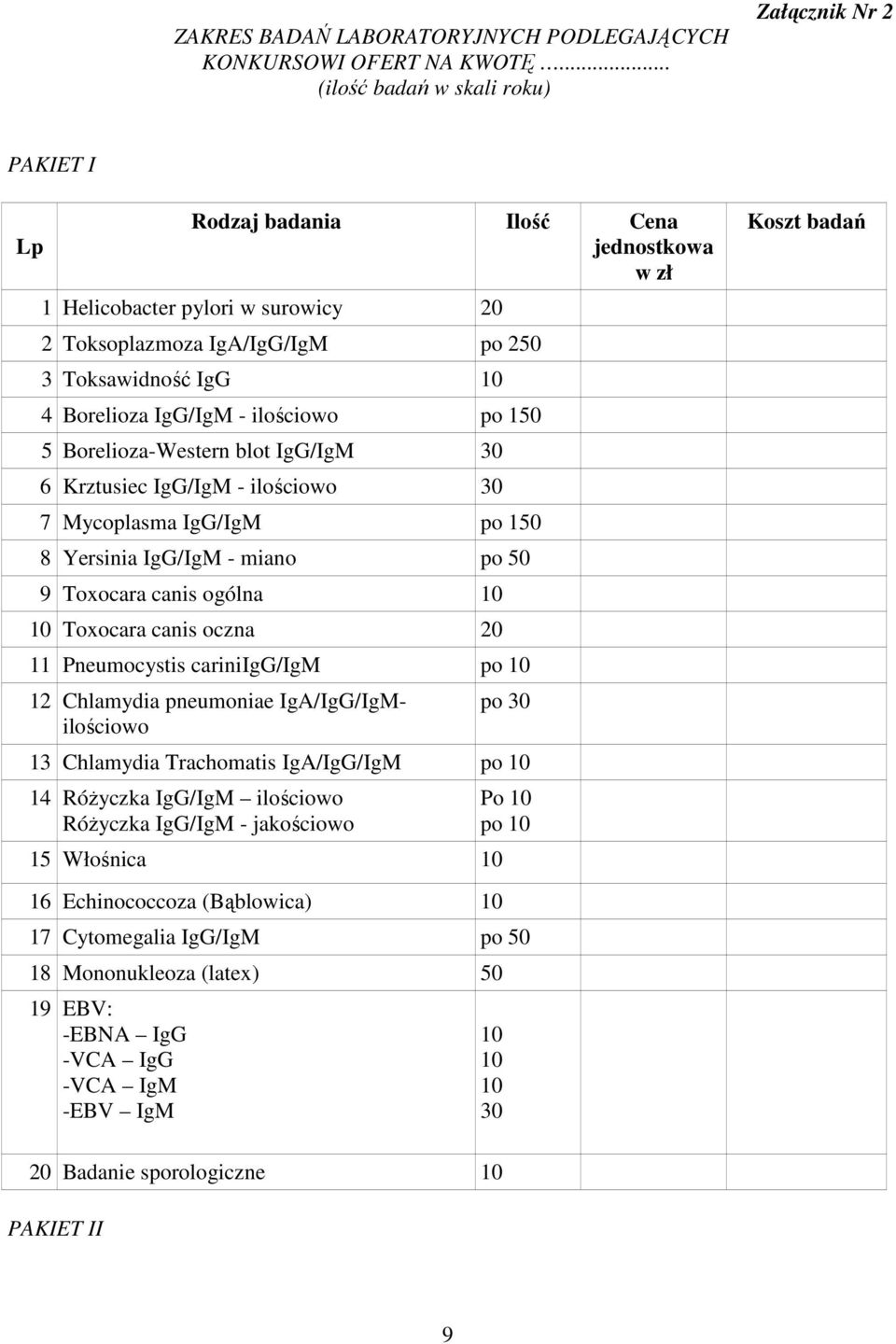 Borelioza IgG/IgM - ilościowo po 150 5 Borelioza-Western blot IgG/IgM 30 6 Krztusiec IgG/IgM - ilościowo 30 7 Mycoplasma IgG/IgM po 150 8 Yersinia IgG/IgM - miano po 50 9 Toxocara canis ogólna 10 10