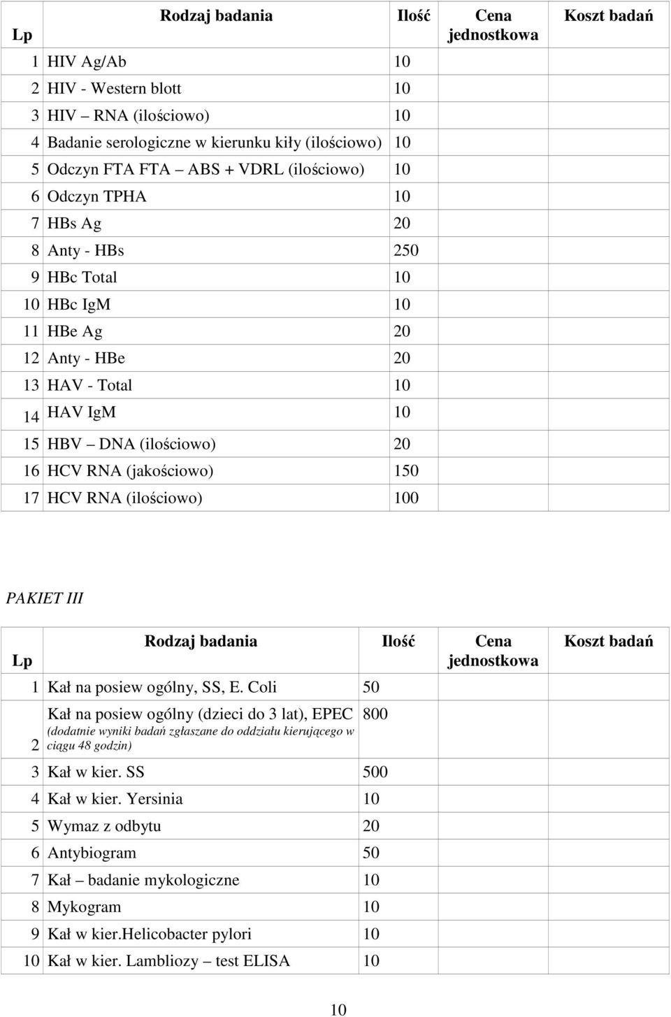 HCV RNA (ilościowo) 100 Koszt badań PAKIET III Lp Rodzaj badania Ilość Cena jednostkowa 1 Kał na posiew ogólny, SS, E.