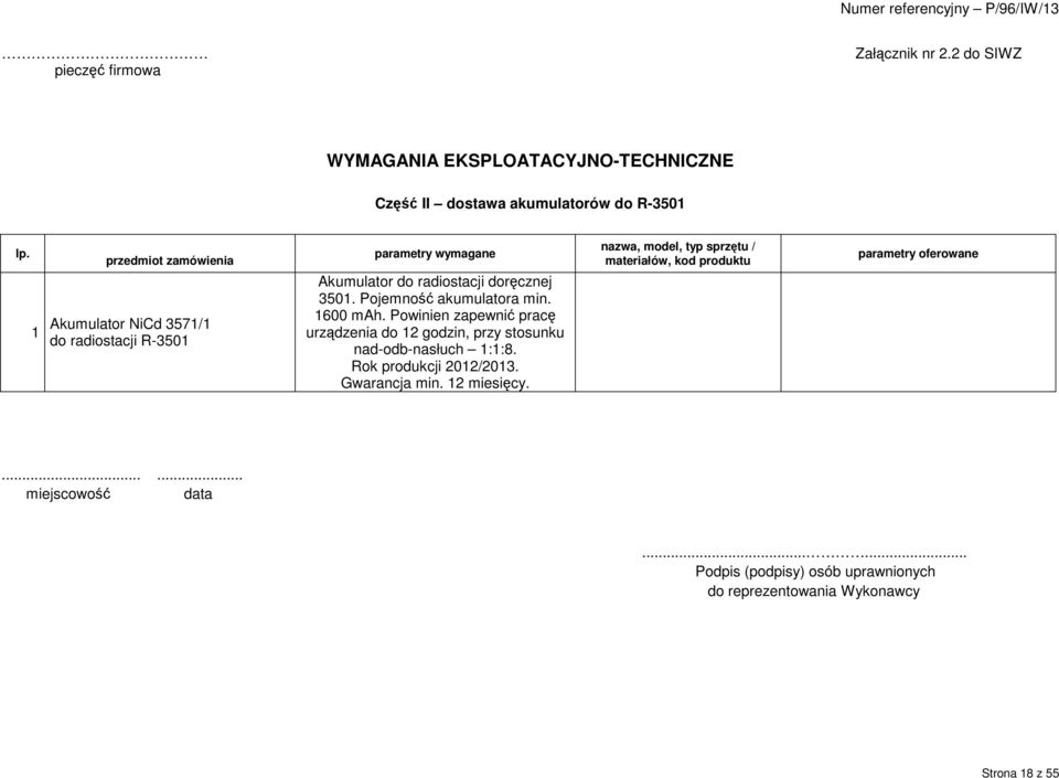 Pojemność akumulatora min. 1600 mah. Powinien zapewnić pracę urządzenia do 12 godzin, przy stosunku nad-odb-nasłuch 1:1:8. Rok produkcji 2012/2013.