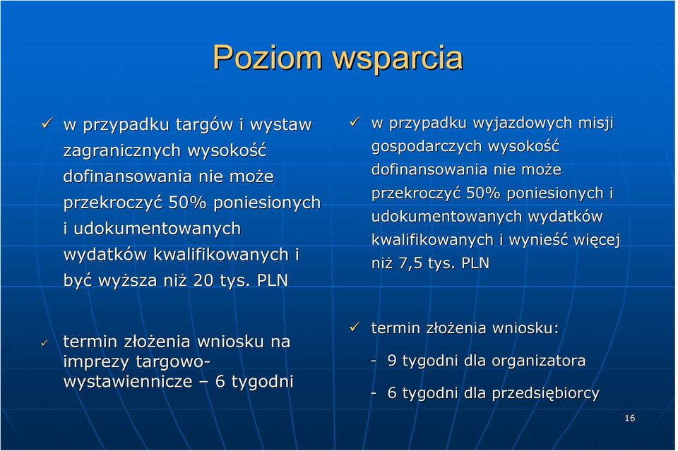PLN w przypadku wyjazdowych misji gospodarczych wysokość dofinansowania nie może przekroczyć 50% poniesionych i udokumentowanych