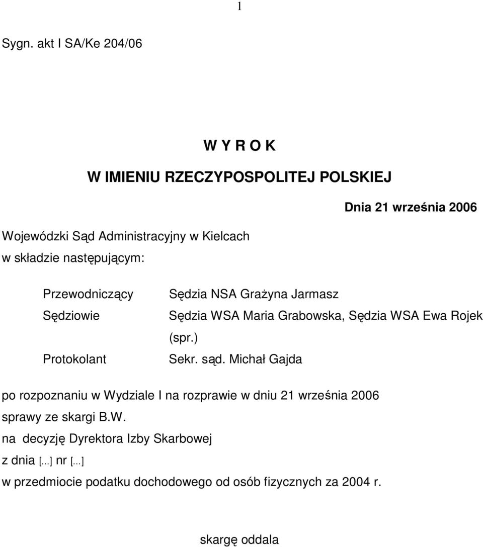 składzie następującym: Przewodniczący Sędziowie Protokolant Sędzia NSA GraŜyna Jarmasz Sędzia WSA Maria Grabowska, Sędzia WSA Ewa