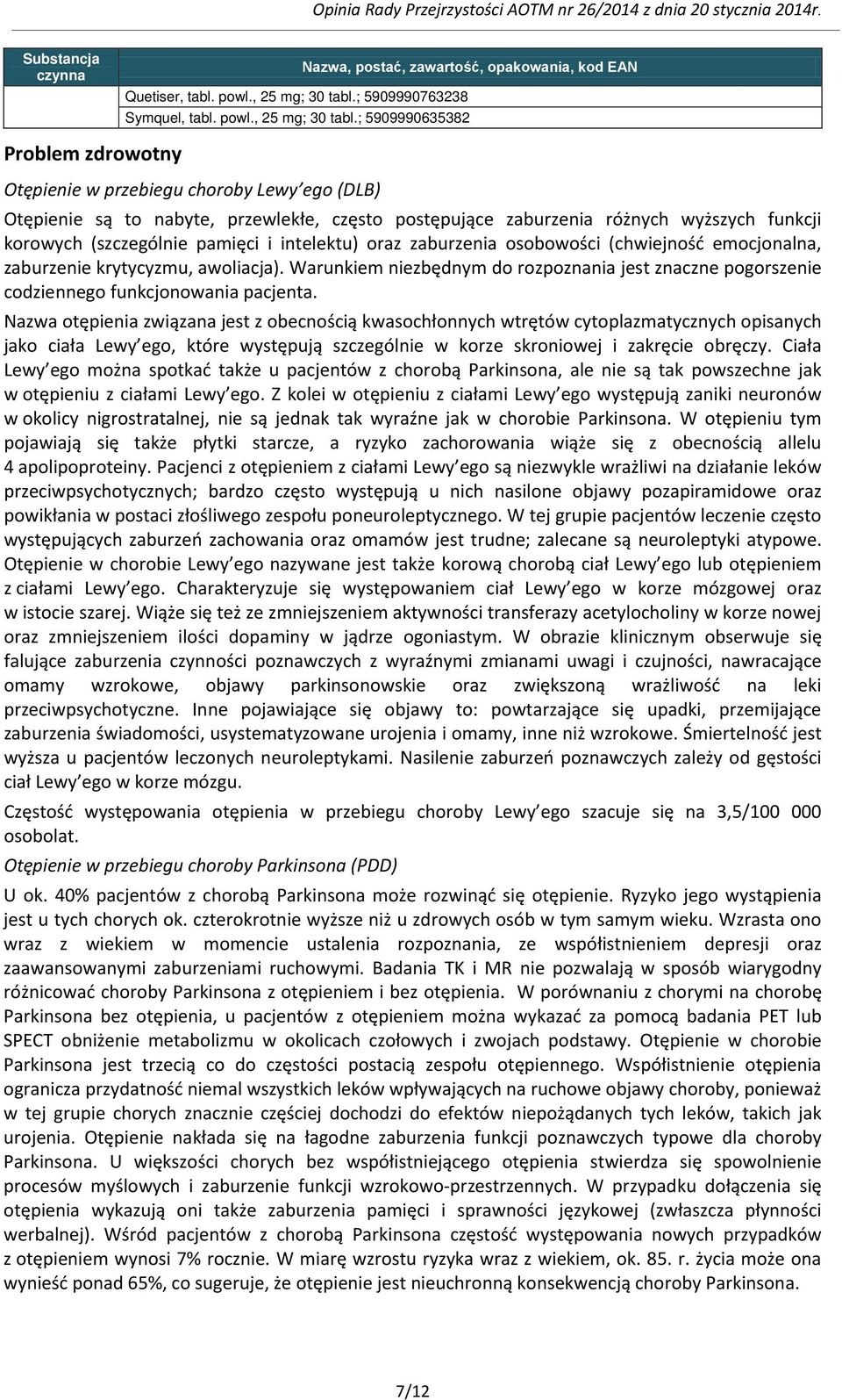 ; 5909990635382 Nazwa, postać, zawartość, opakowania, kod EAN Problem zdrowotny Otępienie w przebiegu choroby Lewy ego (DLB) Otępienie są to nabyte, przewlekłe, często postępujące zaburzenia różnych