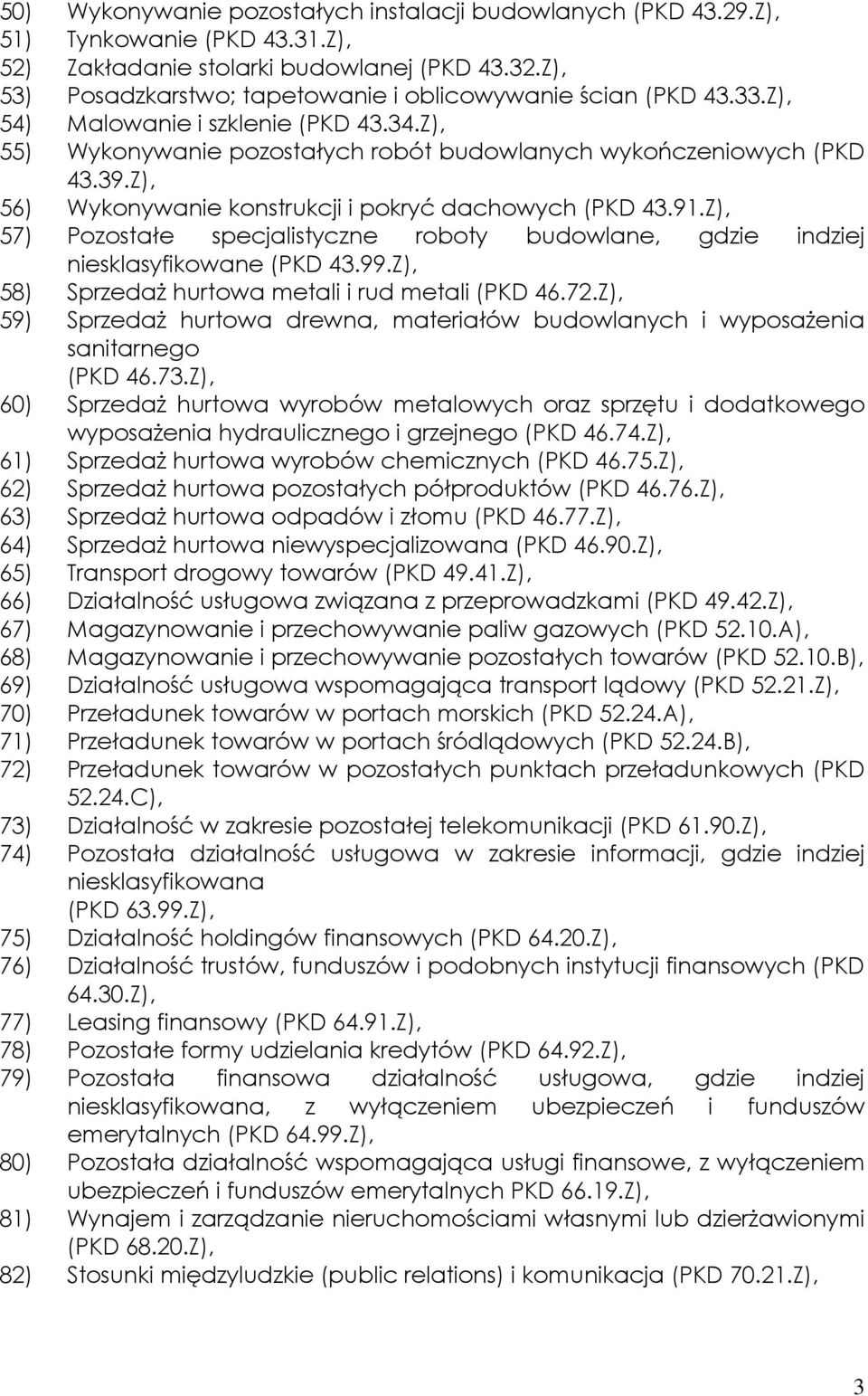 Z), 56) Wykonywanie konstrukcji i pokryć dachowych (PKD 43.91.Z), 57) Pozostałe specjalistyczne roboty budowlane, gdzie indziej niesklasyfikowane (PKD 43.99.