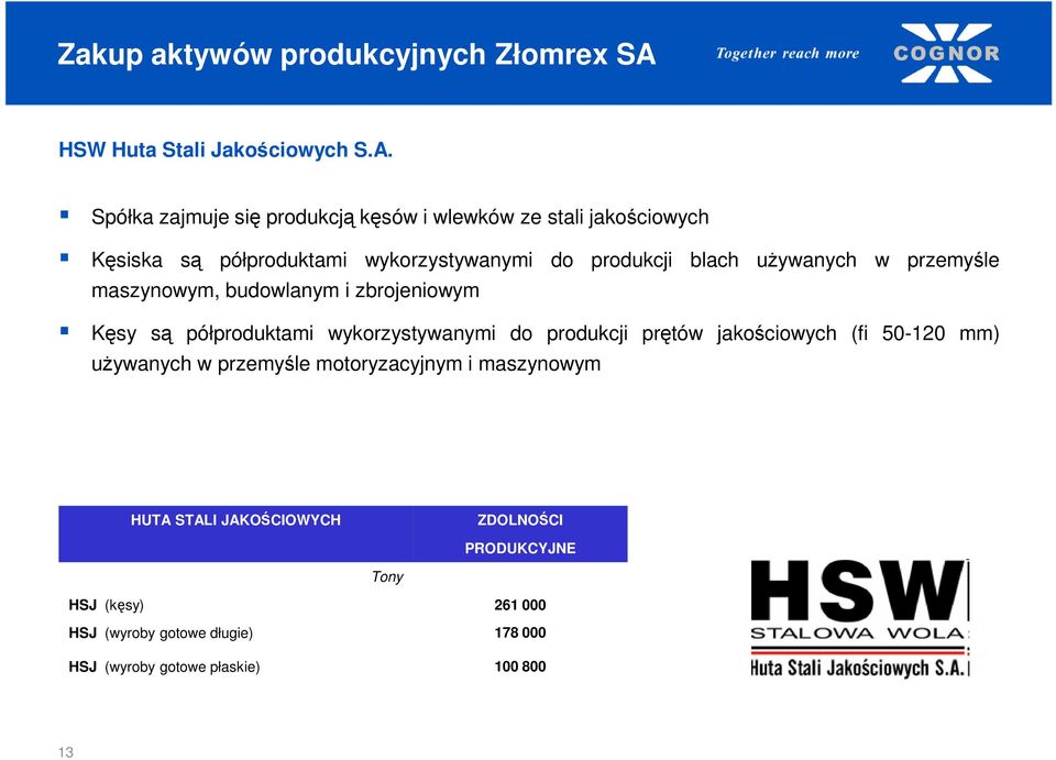 Spółka zajmuje się produkcją kęsów i wlewków ze stali jakościowych Kęsiska są półproduktami wykorzystywanymi do produkcji blach