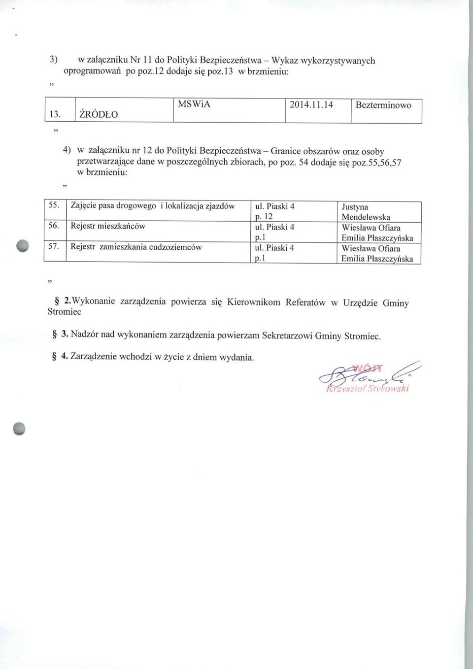 Piaski 4 p.l Justyna Mendelewska Wieslawa Ofiara Emilia Plaszczyriska Wieslawa Ofiara Emilia Plaszczyriska 2.Wykonanie zarzadzenia powierza si? Kierownikom Referatow w Urz?dzie Gminy Stromiec 3.