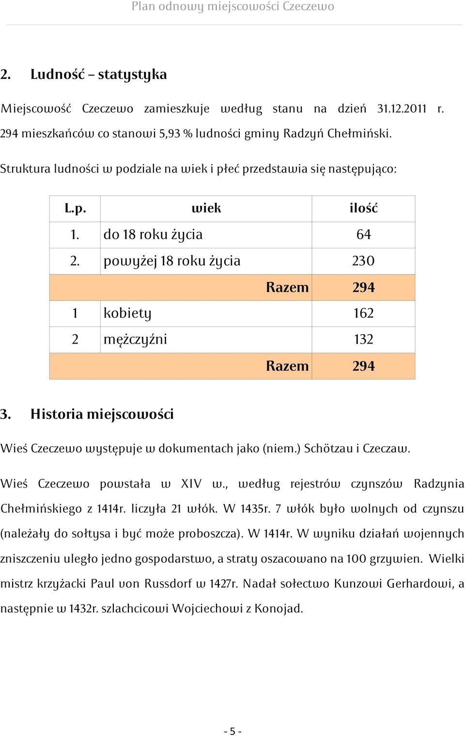 294 294 Historia miejscowości Wieś Czeczewo występuje w dokumentach jako (niem.) Schötzau i Czeczaw. Wieś Czeczewo powstała w XIV w., według rejestrów czynszów Radzynia Chełmińskiego z 1414r.