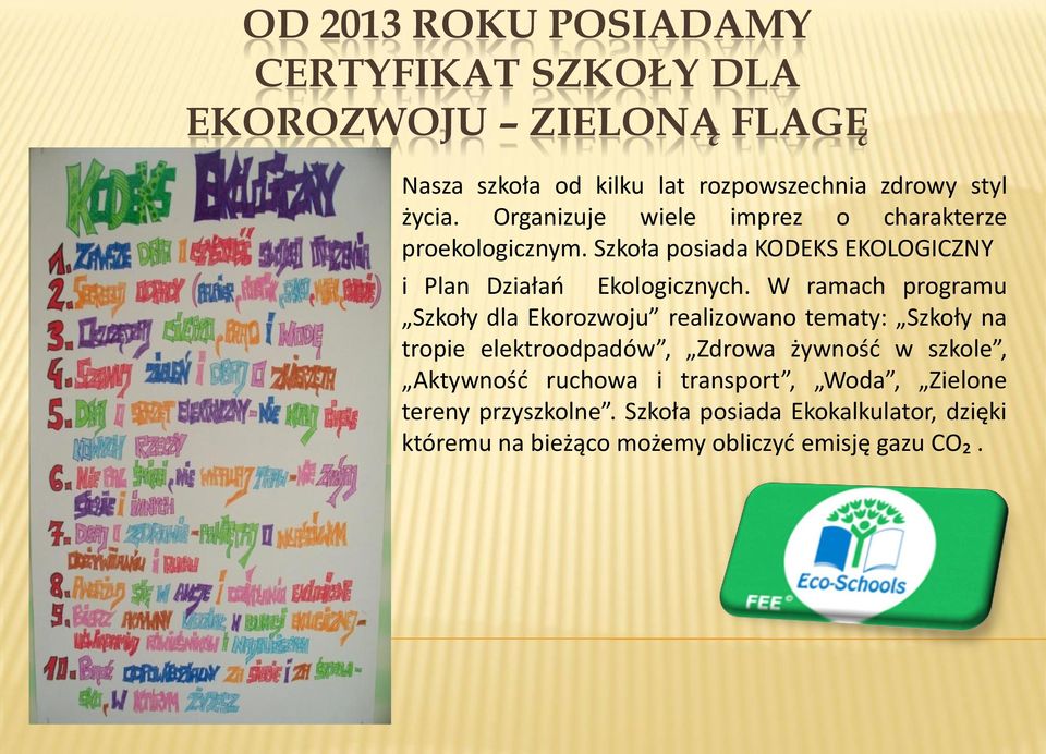 W ramach programu Szkoły dla Ekorozwoju realizowano tematy: Szkoły na tropie elektroodpadów, Zdrowa żywność w szkole, Aktywność