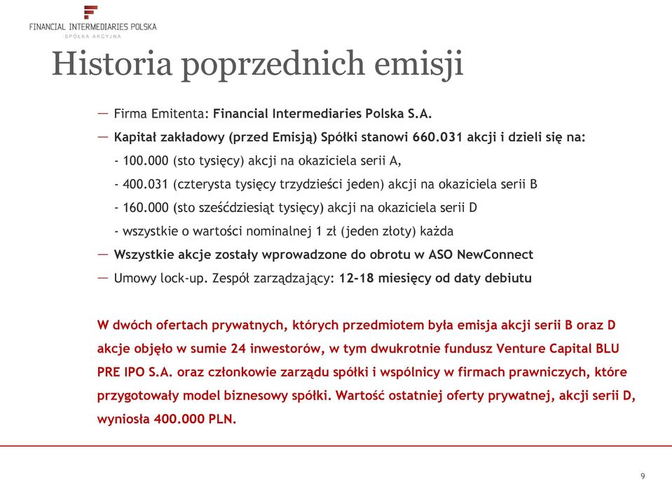 000 (sto sześćdziesiąt tysięcy) akcji na okaziciela serii D - wszystkie o wartości nominalnej 1 zł (jeden złoty) każda Wszystkie akcje zostały wprowadzone do obrotu w ASO NewConnect Umowy lock-up.