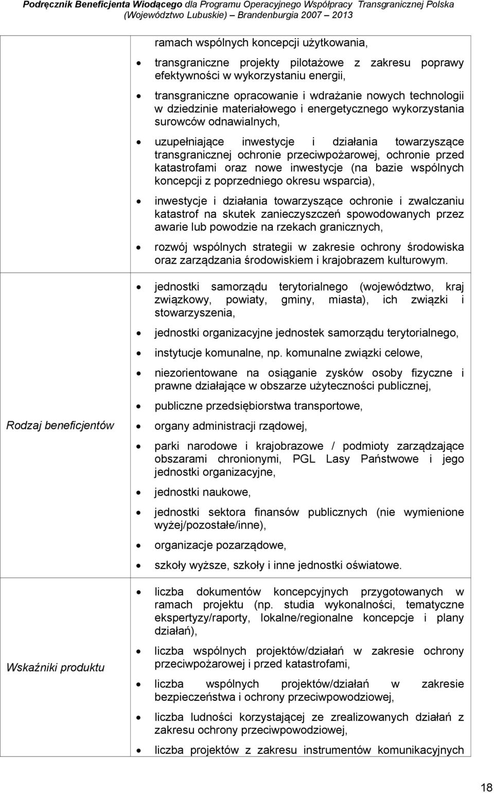 oraz nowe inwestycje (na bazie wspólnych koncepcji z poprzedniego okresu wsparcia), inwestycje i działania towarzyszące ochronie i zwalczaniu katastrof na skutek zanieczyszczeń spowodowanych przez