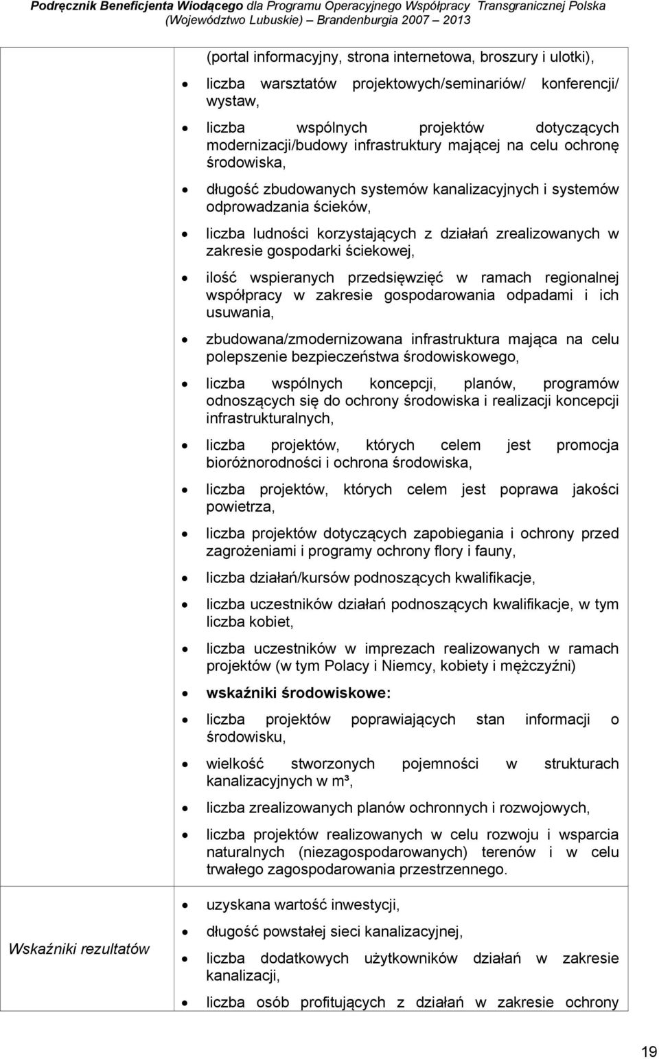 ściekowej, ilość wspieranych przedsięwzięć w ramach regionalnej współpracy w zakresie gospodarowania odpadami i ich usuwania, zbudowana/zmodernizowana infrastruktura mająca na celu polepszenie