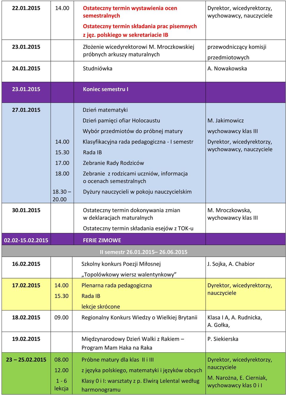 00 Dzień matematyki Dzień pamięci ofiar Holocaustu Wybór przedmiotów do próbnej matury Klasyfikacyjna rada pedagogiczna - I semestr Zebranie Rady Rodziców Zebranie z rodzicami uczniów, informacja o