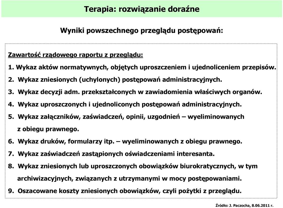 Wykaz uproszczonych i ujednoliconych postępowań administracyjnych. 5. Wykaz załączników, zaświadczeń, opinii, uzgodnień wyeliminowanych z obiegu prawnego. 6. Wykaz druków, formularzy itp.