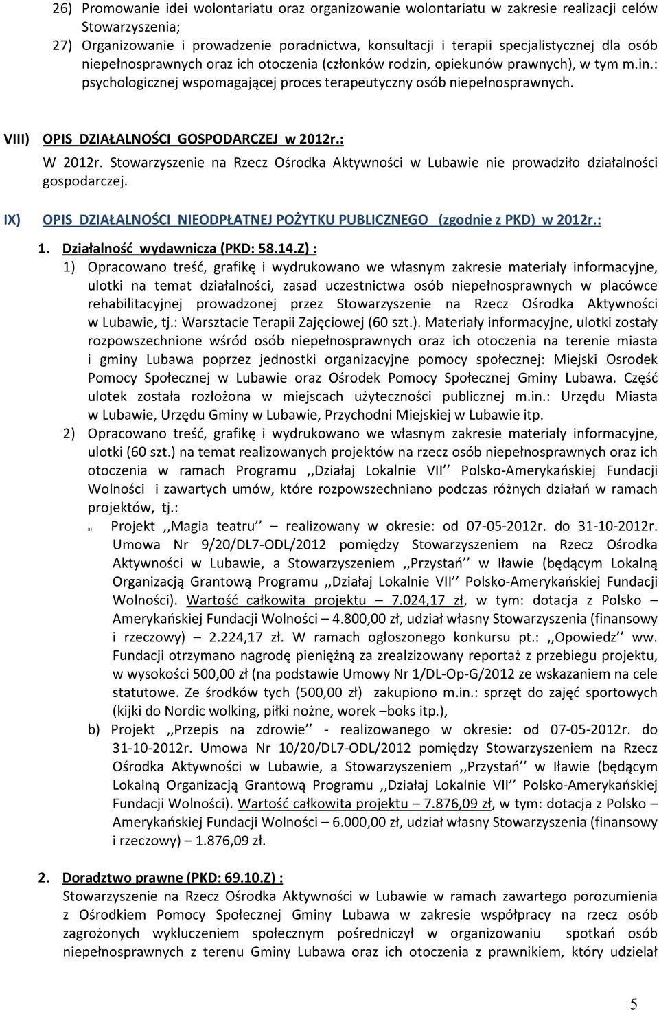 VIII) OPIS DZIAŁALNOŚCI GOSPODARCZEJ w 2012r.: W 2012r. Stowarzyszenie na Rzecz Ośrodka Aktywności w Lubawie nie prowadziło działalności gospodarczej.