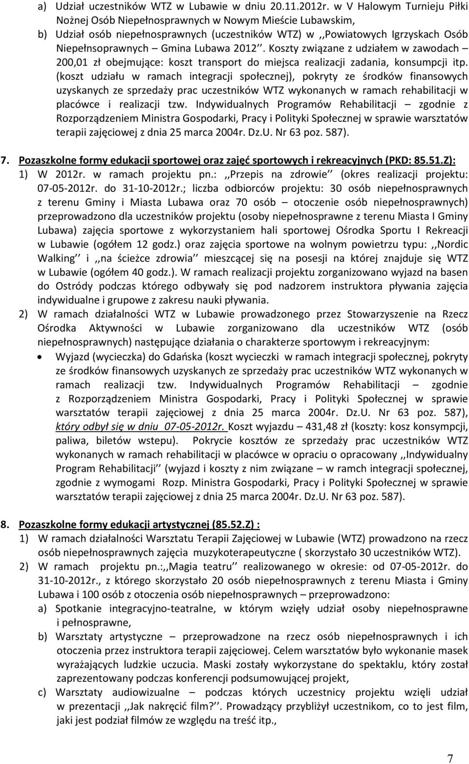 2012. Koszty związane z udziałem w zawodach 200,01 zł obejmujące: koszt transport do miejsca realizacji zadania, konsumpcji itp.