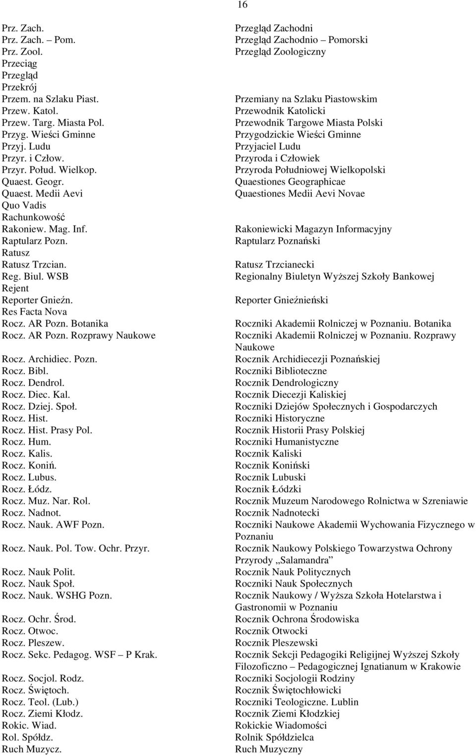 Botanika Rocz. AR Pozn. Rozprawy Naukowe Rocz. Archidiec. Pozn. Rocz. Bibl. Rocz. Dendrol. Rocz. Diec. Kal. Rocz. Dziej. Społ. Rocz. Hist. Rocz. Hist. Prasy Pol. Rocz. Hum. Rocz. Kalis. Rocz. Koniń.
