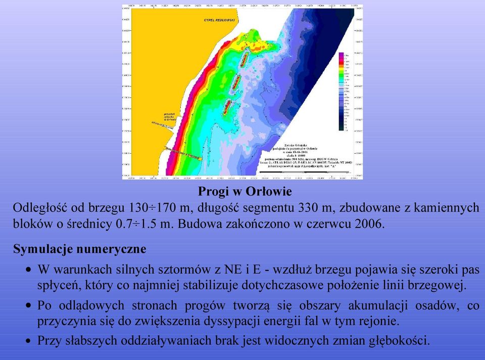 Symulacje numeryczne W warunkach silnych sztormów z NE i E - wzdłuż brzegu pojawia się szeroki pas spłyceń, który co najmniej