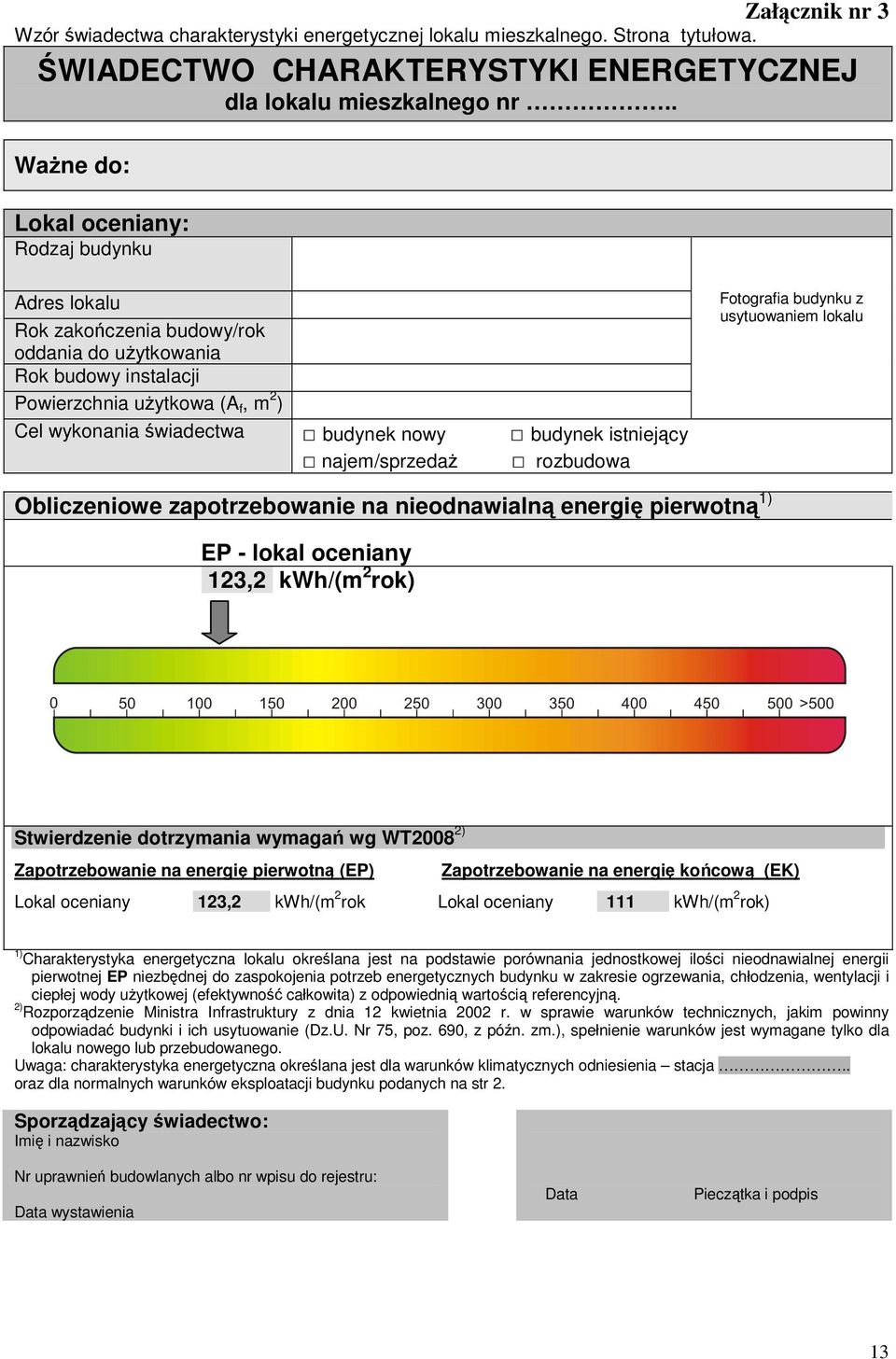 lokalu Cel wykonania świadectwa budynek nowy budynek istniejący najem/sprzedaż rozbudowa Obliczeniowe zapotrzebowanie na nieodnawialną energię pierwotną 1) EP - lokal oceniany 123,2 kwh/(m 2 rok)